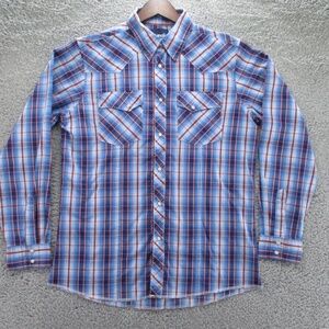 Wrangler Shirt Adult 2XL XXL Pearl Snap Blue Red Tartan Plaid Mens Button Down